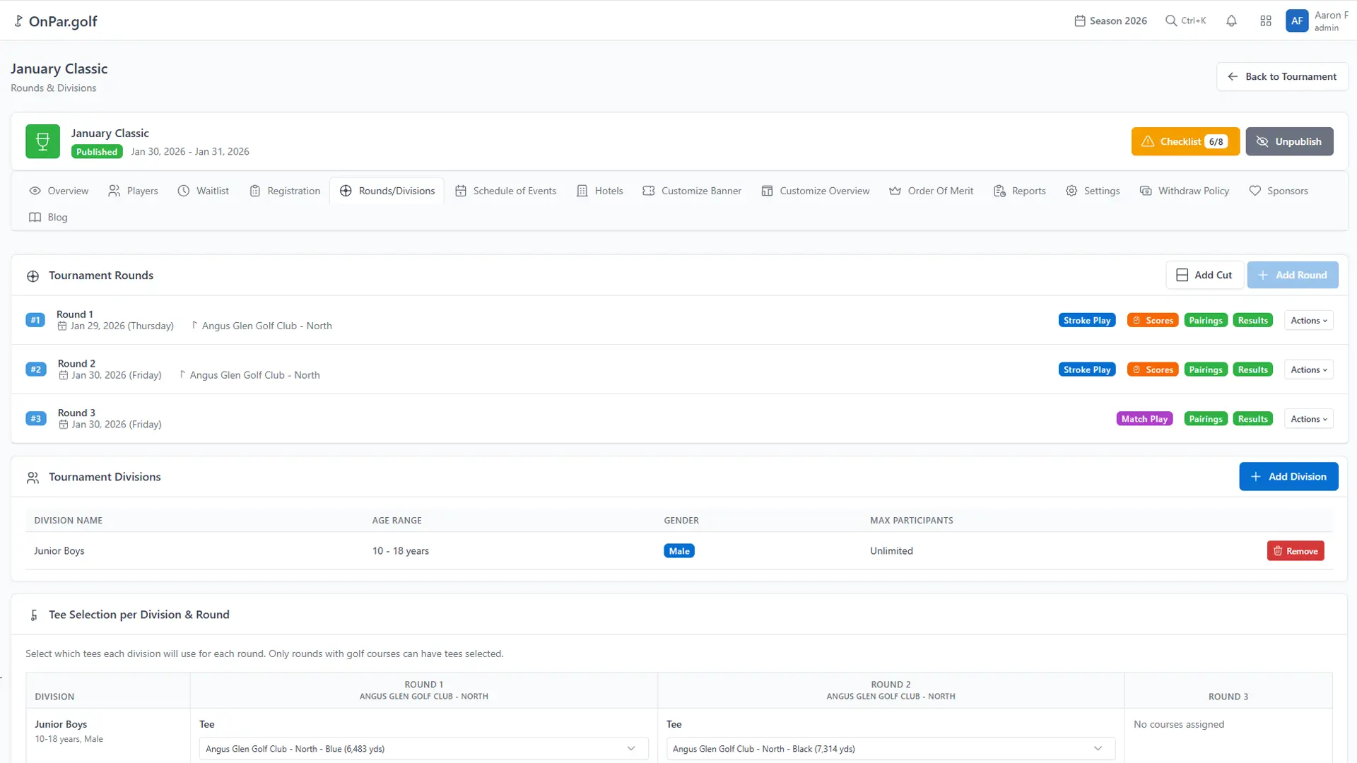 Course Dashboard for golf course management