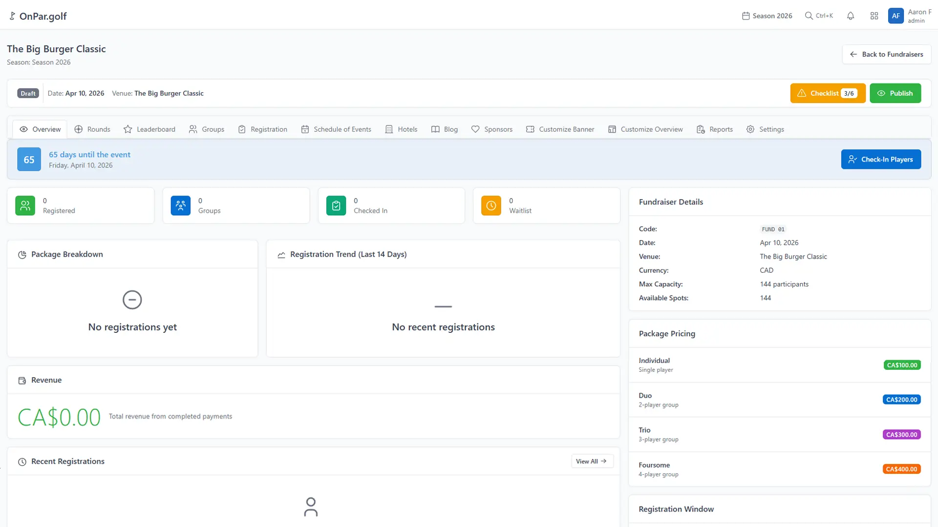 Fundraiser Dashboard for charity golf events