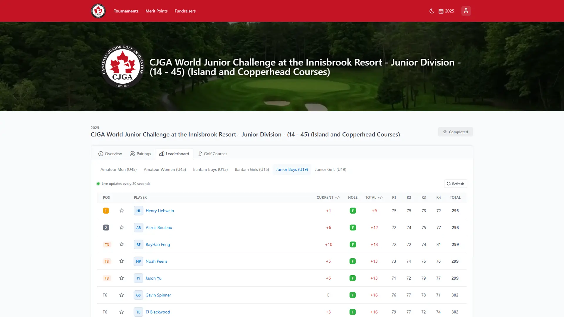 Live Leaderboard showing real-time tournament scores