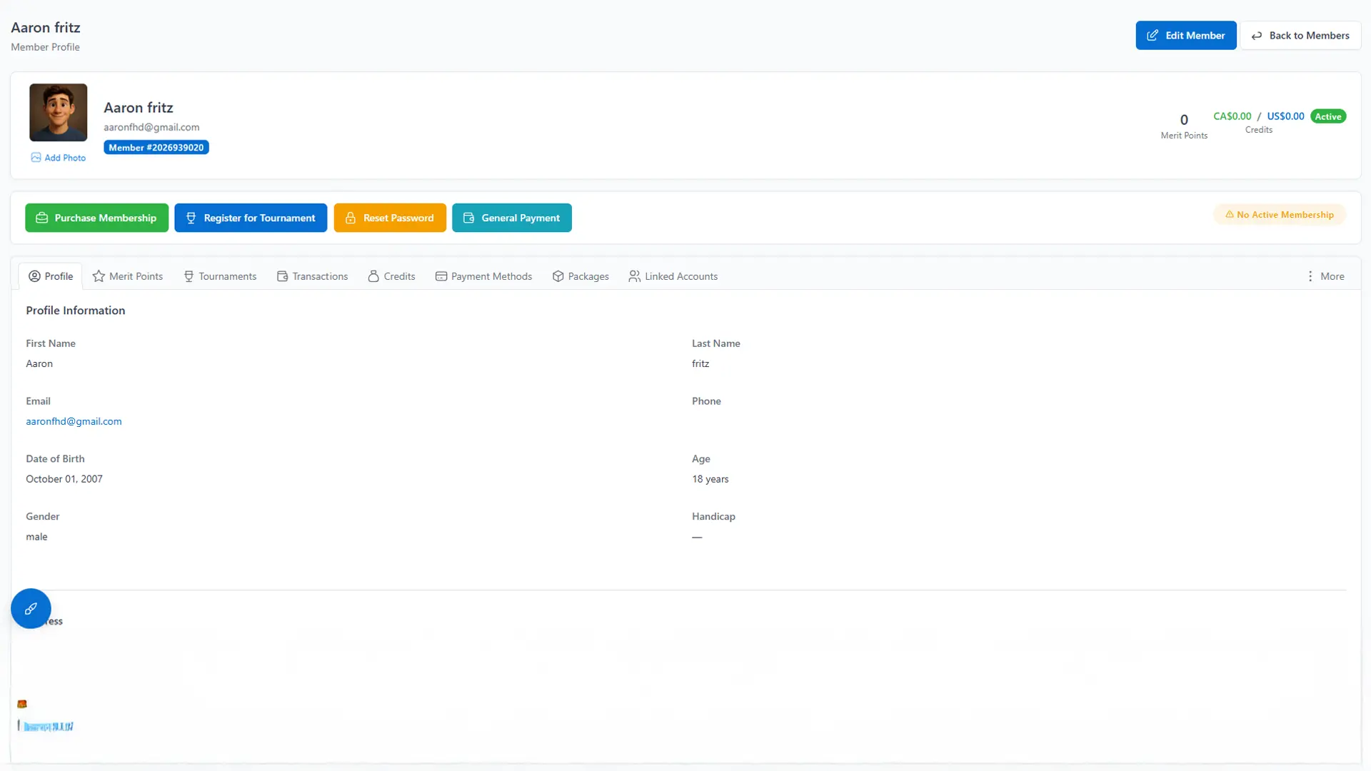 Member profile with activity history and details