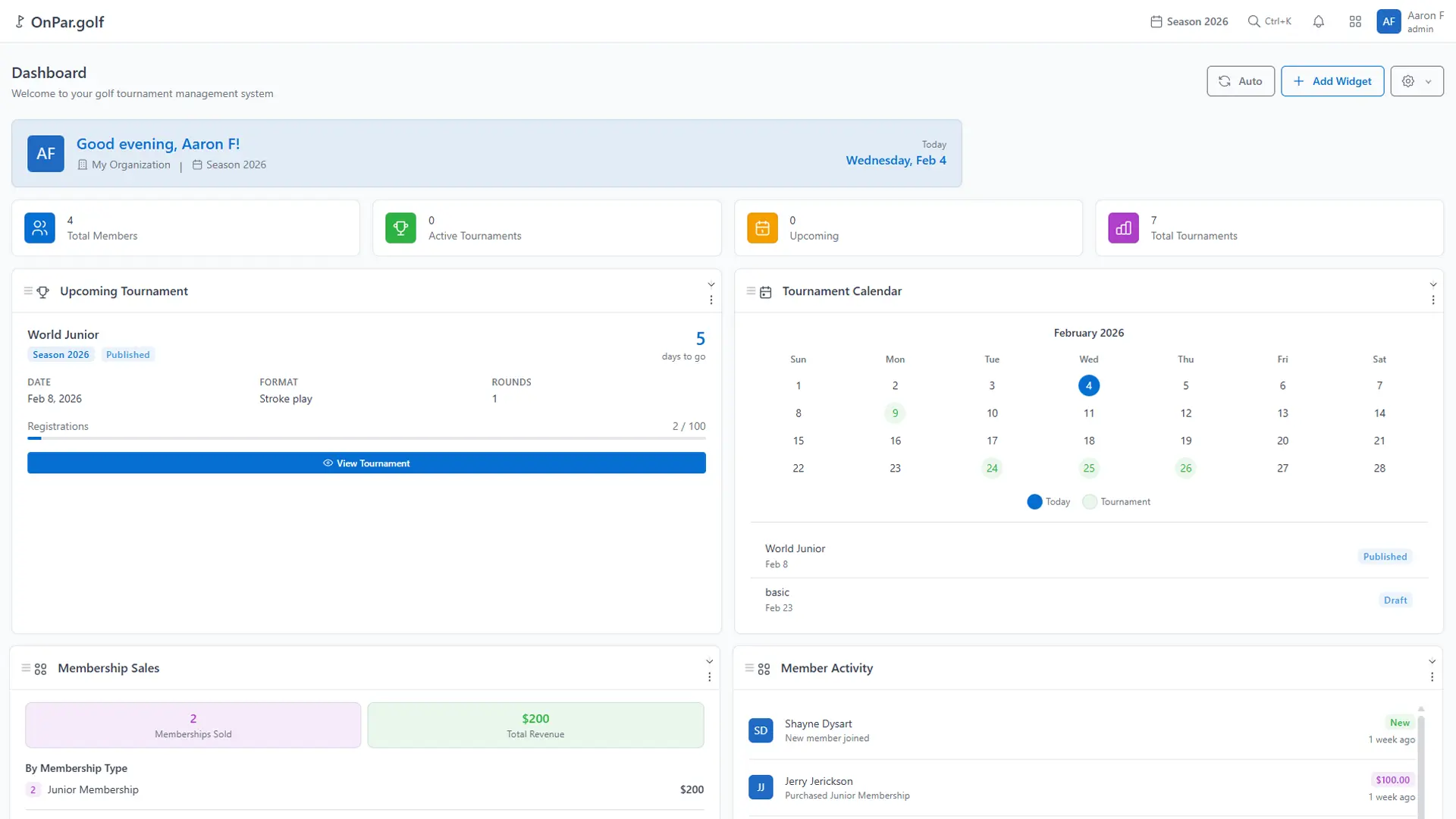 Season Dashboard for tournament organizations